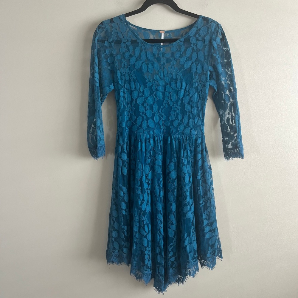 Free People Teal Blue Lace Fit and Flare Dress 2 Eyelash Trim Fairycore